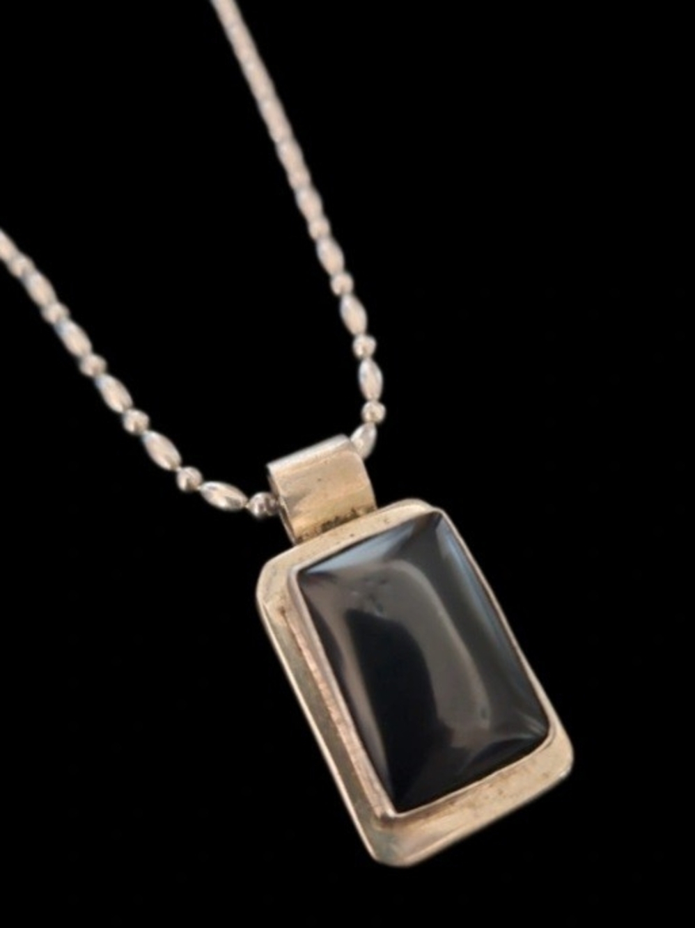Vintage Taxco Mexico Sterling Silver Black Onyx Rectangle Pendant Necklace 925